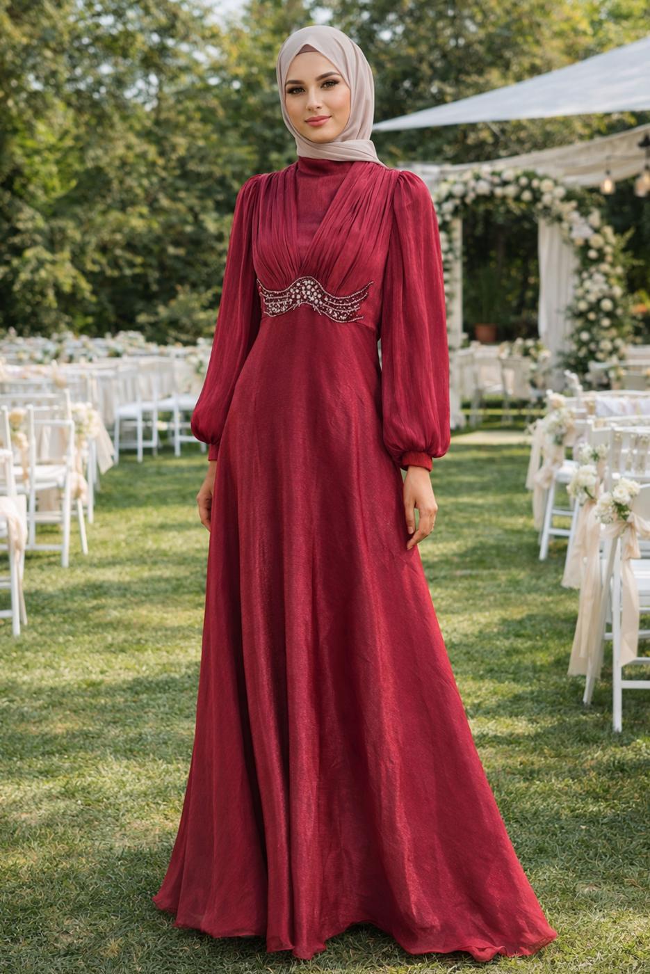 Tesettür giyim BORDO T 5926 BSL ABİYE ELBİSE