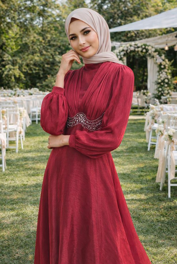 Tesettür giyim BORDO T 5926 BSL ABİYE ELBİSE - TRENDTESETTÜR
