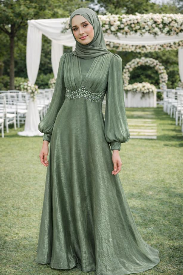 Tesettür giyim HAKİ T 5926 BSL ABİYE ELBİSE - TRENDTESETTÜR