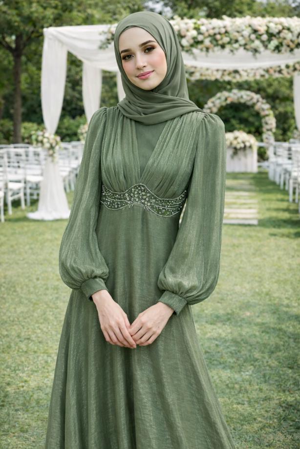 Tesettür giyim HAKİ T 5926 BSL ABİYE ELBİSE - TRENDTESETTÜR