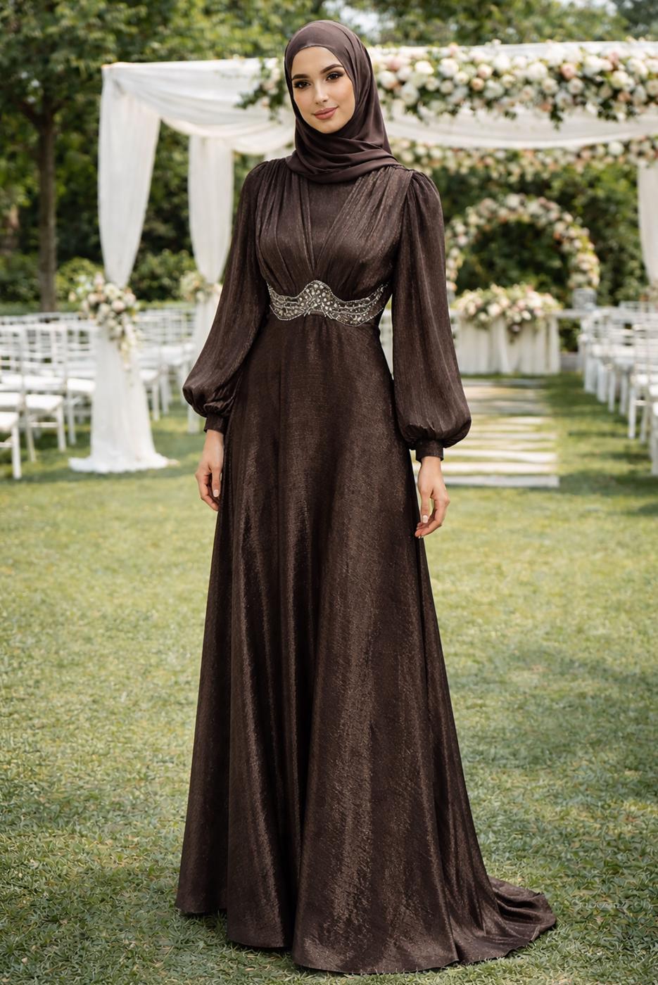 Tesettür giyim KAHVE T 5926 BSL ABİYE ELBİSE