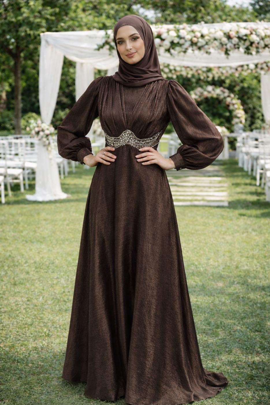 Tesettür giyim KAHVE T 5926 BSL ABİYE ELBİSE