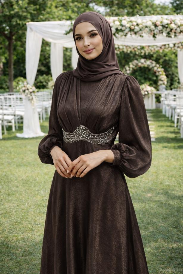 Tesettür giyim KAHVE T 5926 BSL ABİYE ELBİSE - TRENDTESETTÜR