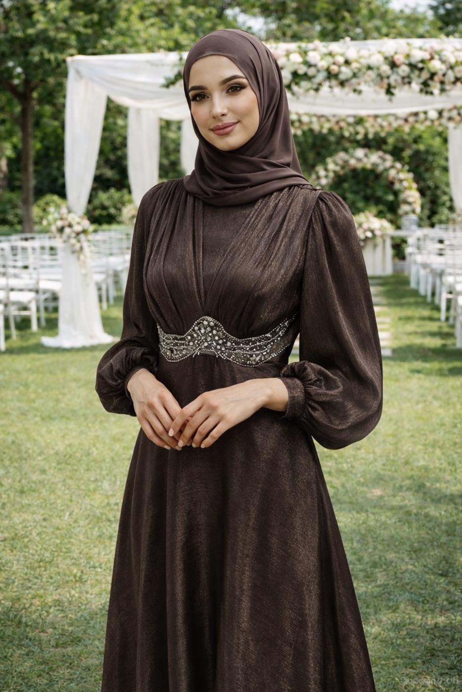 Tesettür giyim KAHVE T 5926 BSL ABİYE ELBİSE