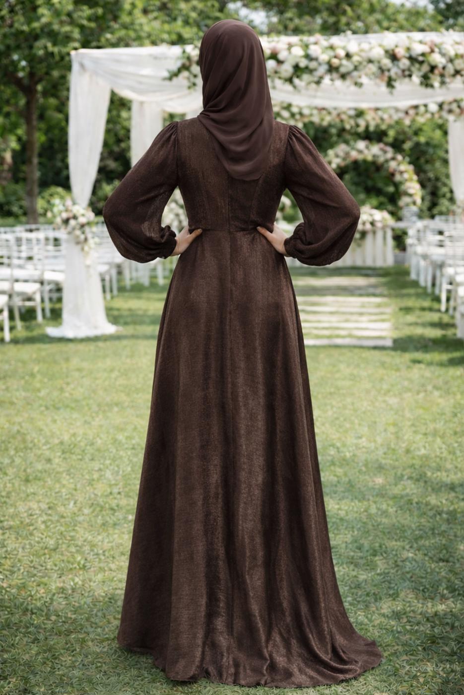 Tesettür giyim KAHVE T 5926 BSL ABİYE ELBİSE