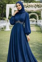 Tesettür giyim LACİVERT T 5926 BSL ABİYE ELBİSE