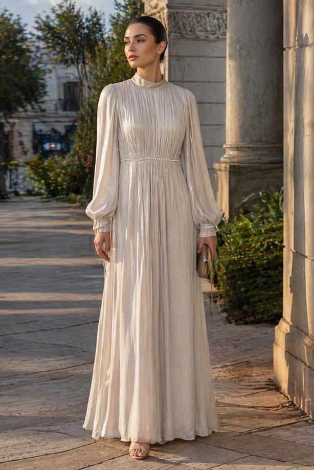 Tesettür giyim EKRU BALON KOL ABİYE ELBİSE T 6231 - TRENDTESETTÜR