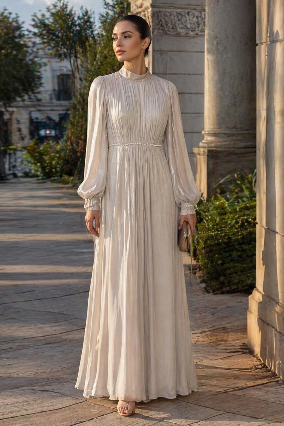 Tesettür giyim EKRU BALON KOL ABİYE ELBİSE T 6231