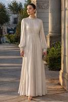 Tesettür giyim EKRU BALON KOL ABİYE ELBİSE T 6231