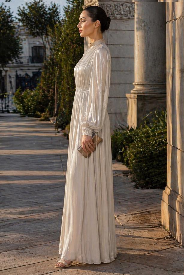 Tesettür giyim EKRU BALON KOL ABİYE ELBİSE T 6231 - TRENDTESETTÜR