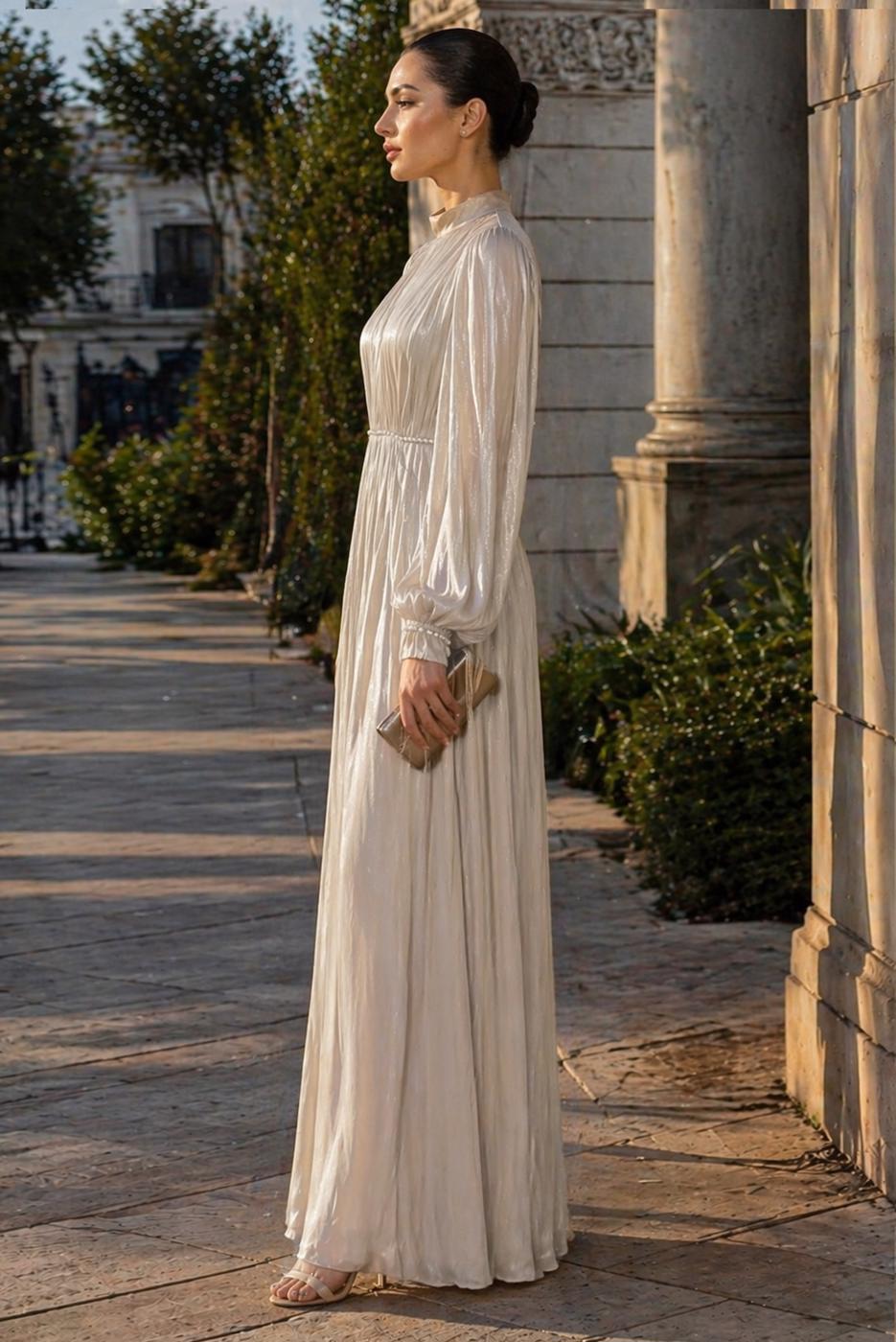 Tesettür giyim EKRU BALON KOL ABİYE ELBİSE T 6231