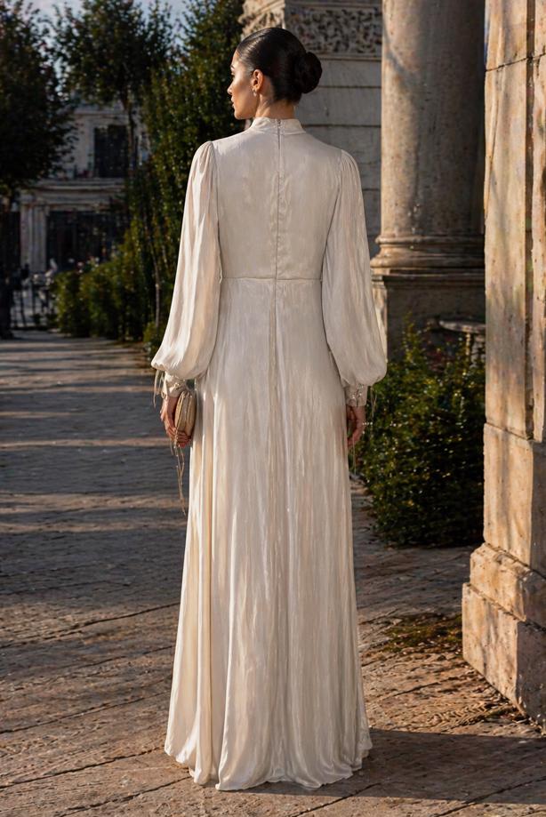 Tesettür giyim EKRU BALON KOL ABİYE ELBİSE T 6231 - TRENDTESETTÜR