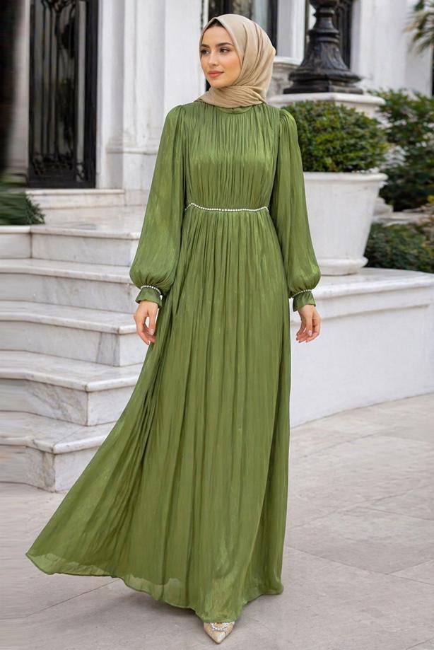 Tesettür giyim HAKİ BALON KOL ABİYE ELBİSE T 6231 - TRENDTESETTÜR