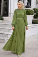 Tesettür giyim HAKİ BALON KOL ABİYE ELBİSE T 6231