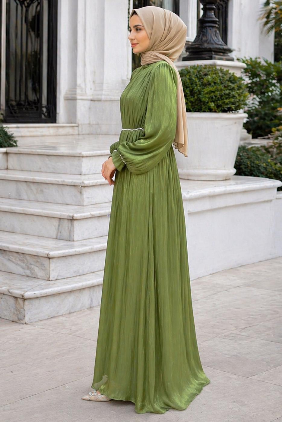 Tesettür giyim HAKİ BALON KOL ABİYE ELBİSE T 6231