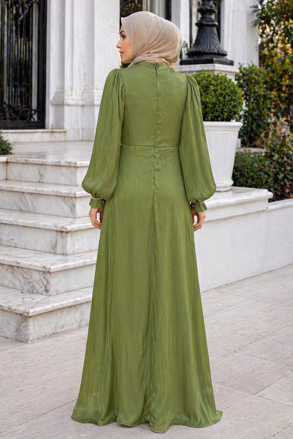 Tesettür giyim HAKİ BALON KOL ABİYE ELBİSE T 6231