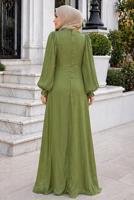 Tesettür giyim HAKİ BALON KOL ABİYE ELBİSE T 6231