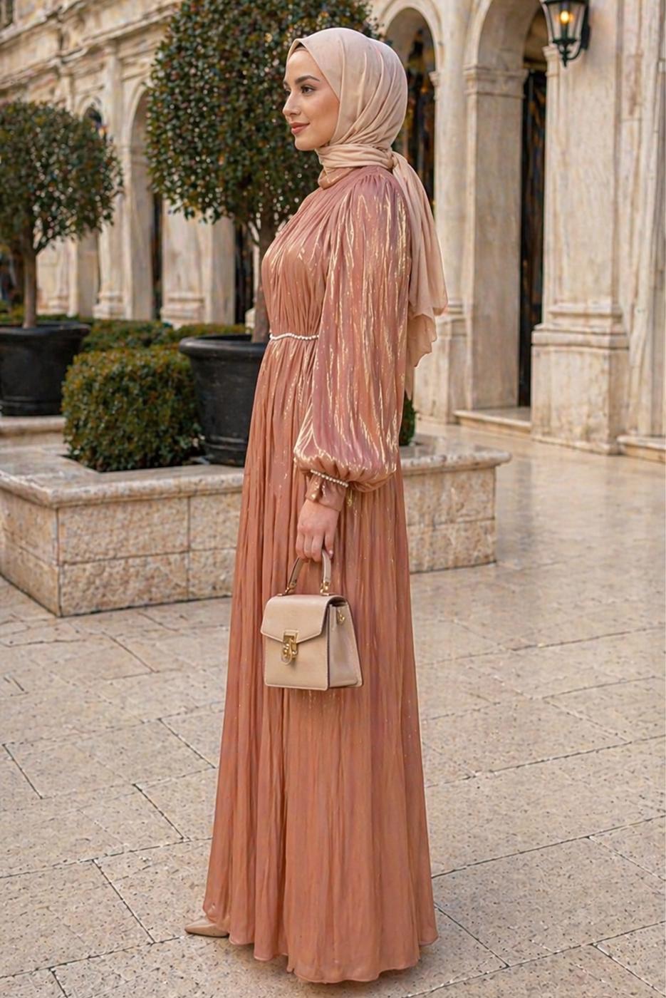 Tesettür giyim PUDRA BALON KOL ABİYE ELBİSE T 6231