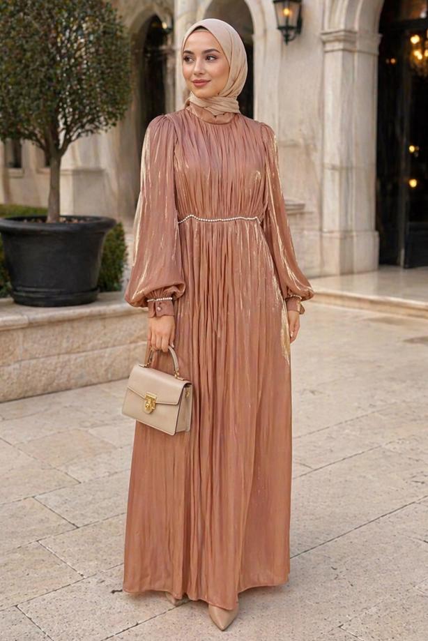 Tesettür giyim PUDRA BALON KOL ABİYE ELBİSE T 6231 - TRENDTESETTÜR