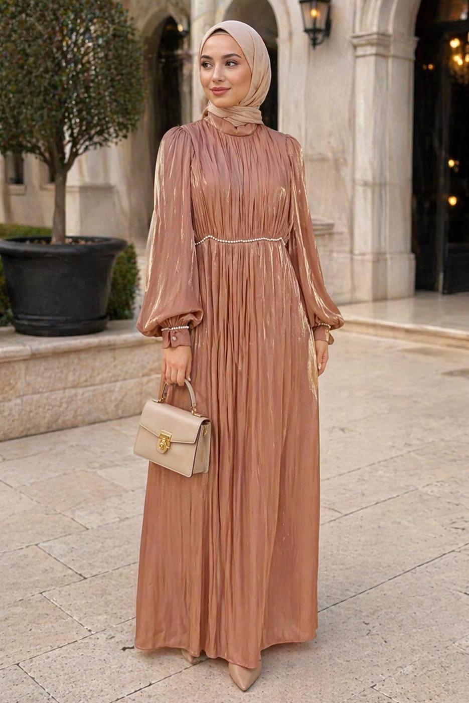 Tesettür giyim PUDRA BALON KOL ABİYE ELBİSE T 6231