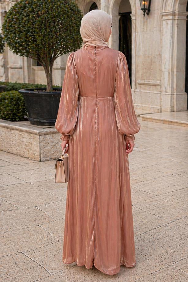 Tesettür giyim PUDRA BALON KOL ABİYE ELBİSE T 6231 - TRENDTESETTÜR