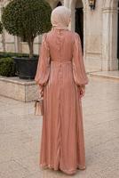 Tesettür giyim PUDRA BALON KOL ABİYE ELBİSE T 6231