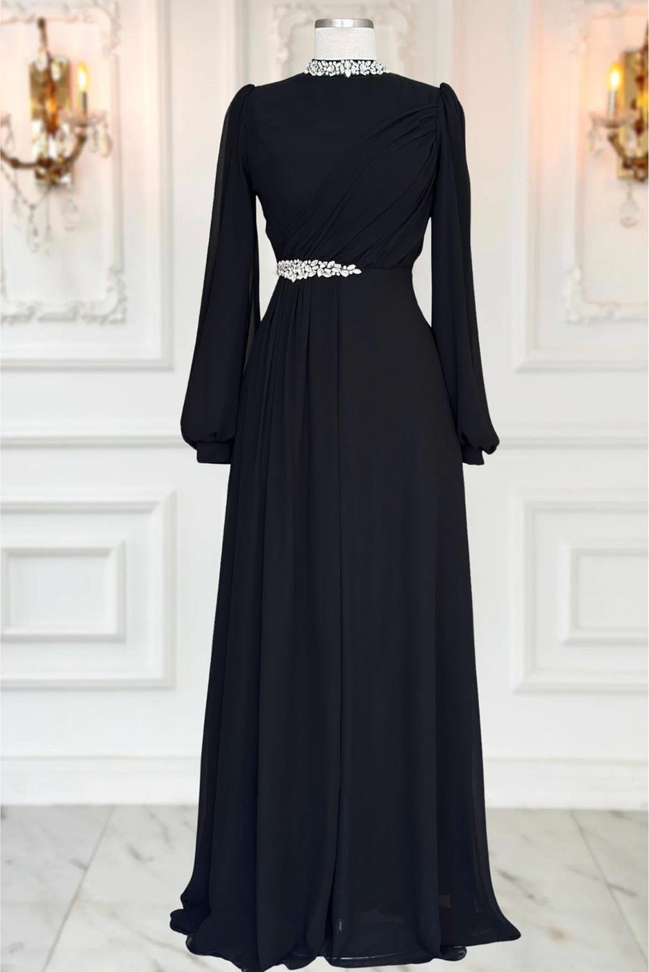 Tesettür giyim SİYAH TAŞ DETAYLI ŞİFON ABİYE ELBİSE T 6363