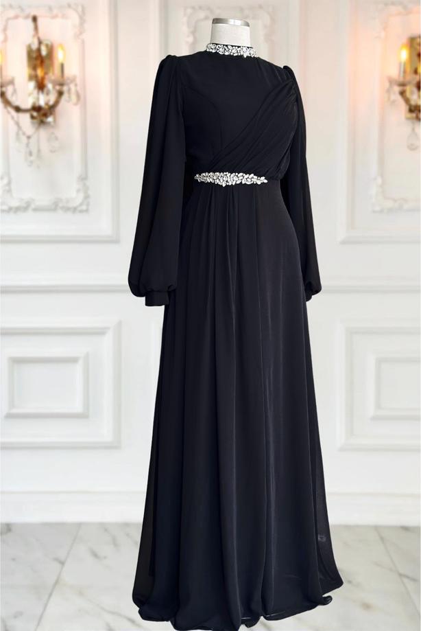 Tesettür giyim SİYAH TAŞ DETAYLI ŞİFON ABİYE ELBİSE T 6363 - TRENDTESETTÜR