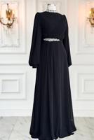Tesettür giyim SİYAH TAŞ DETAYLI ŞİFON ABİYE ELBİSE T 6363