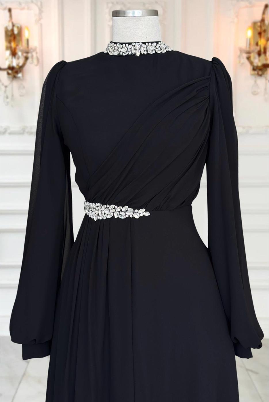 Tesettür giyim SİYAH TAŞ DETAYLI ŞİFON ABİYE ELBİSE T 6363