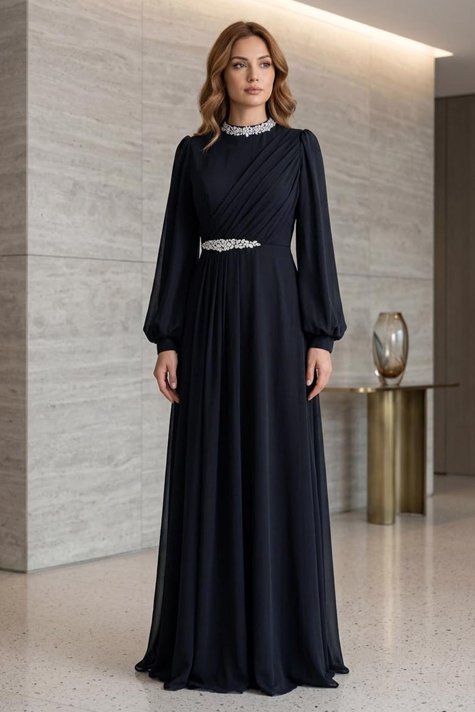 Tesettür giyim SİYAH TAŞ DETAYLI ŞİFON ABİYE ELBİSE T 6363