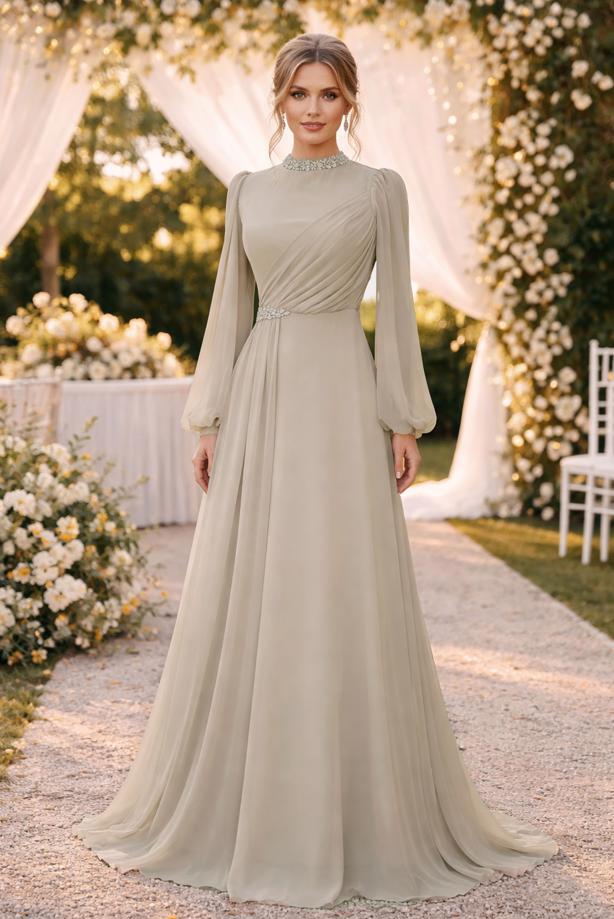 Tesettür giyim BEJ TAŞ DETAYLI ŞİFON ABİYE ELBİSE T 6363 - TRENDTESETTÜR