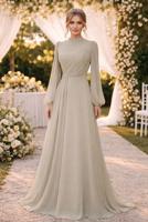 Tesettür giyim BEJ TAŞ DETAYLI ŞİFON ABİYE ELBİSE T 6363