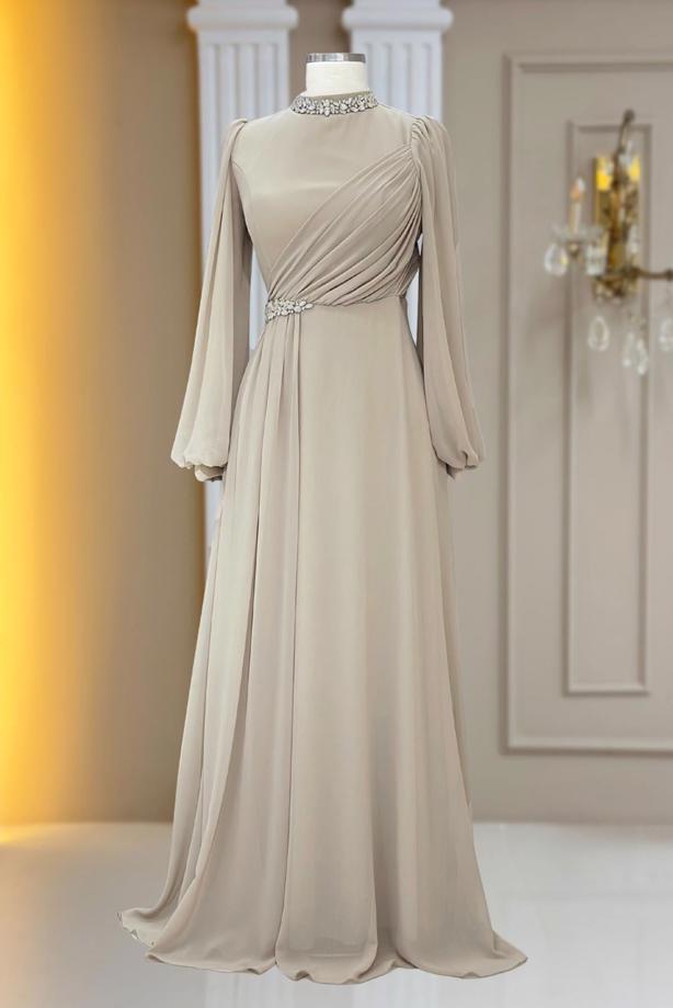 Tesettür giyim BEJ TAŞ DETAYLI ŞİFON ABİYE ELBİSE T 6363 - TRENDTESETTÜR