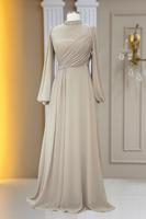 Tesettür giyim BEJ TAŞ DETAYLI ŞİFON ABİYE ELBİSE T 6363