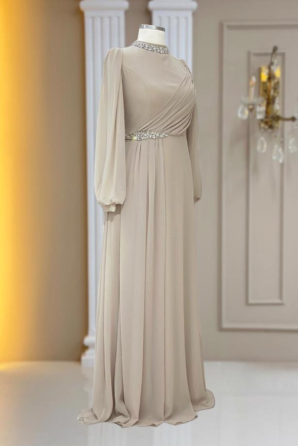 Tesettür giyim BEJ TAŞ DETAYLI ŞİFON ABİYE ELBİSE T 6363 - TRENDTESETTÜR