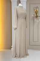 Tesettür giyim BEJ TAŞ DETAYLI ŞİFON ABİYE ELBİSE T 6363