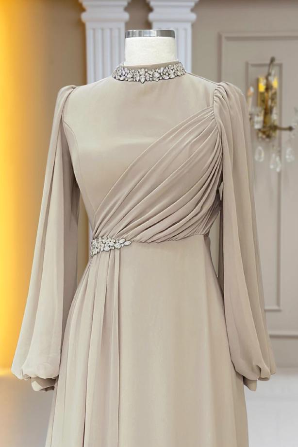 Tesettür giyim BEJ TAŞ DETAYLI ŞİFON ABİYE ELBİSE T 6363 - TRENDTESETTÜR