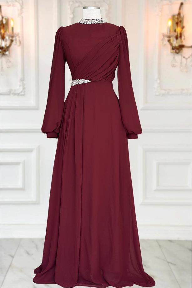 Tesettür giyim  TAŞ DETAYLI ŞİFON ABİYE ELBİSE T 6363