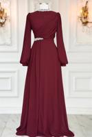 Tesettür giyim BORDO TAŞ DETAYLI ŞİFON ABİYE ELBİSE T 6363