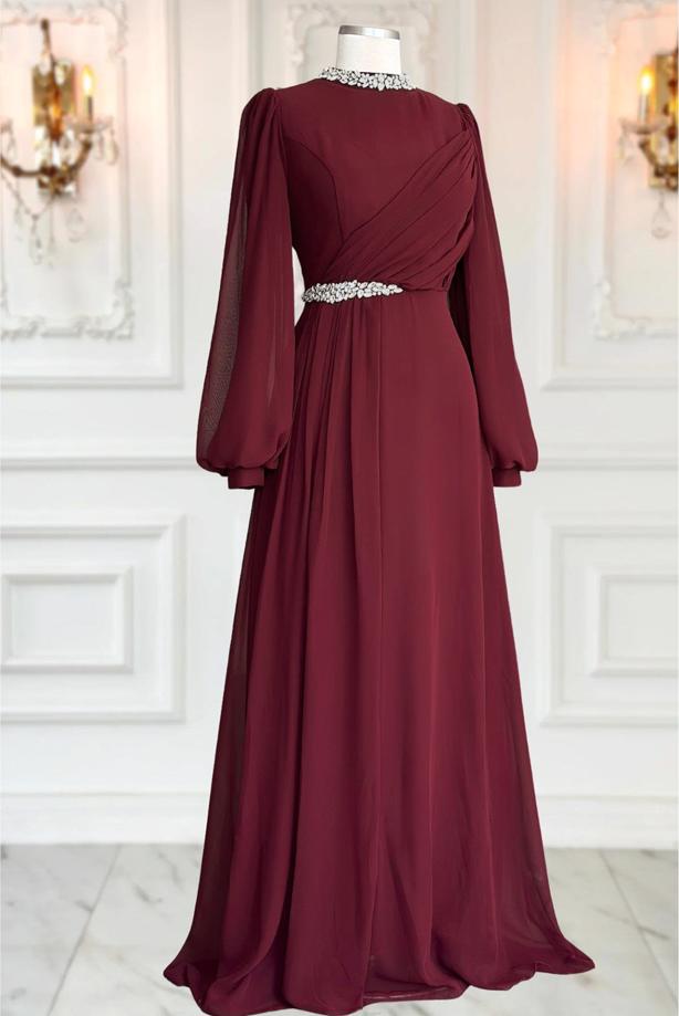 Tesettür giyim BORDO TAŞ DETAYLI ŞİFON ABİYE ELBİSE T 6363 - TRENDTESETTÜR