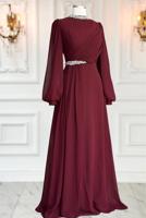 Tesettür giyim BORDO TAŞ DETAYLI ŞİFON ABİYE ELBİSE T 6363
