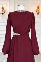 Tesettür giyim BORDO TAŞ DETAYLI ŞİFON ABİYE ELBİSE T 6363
