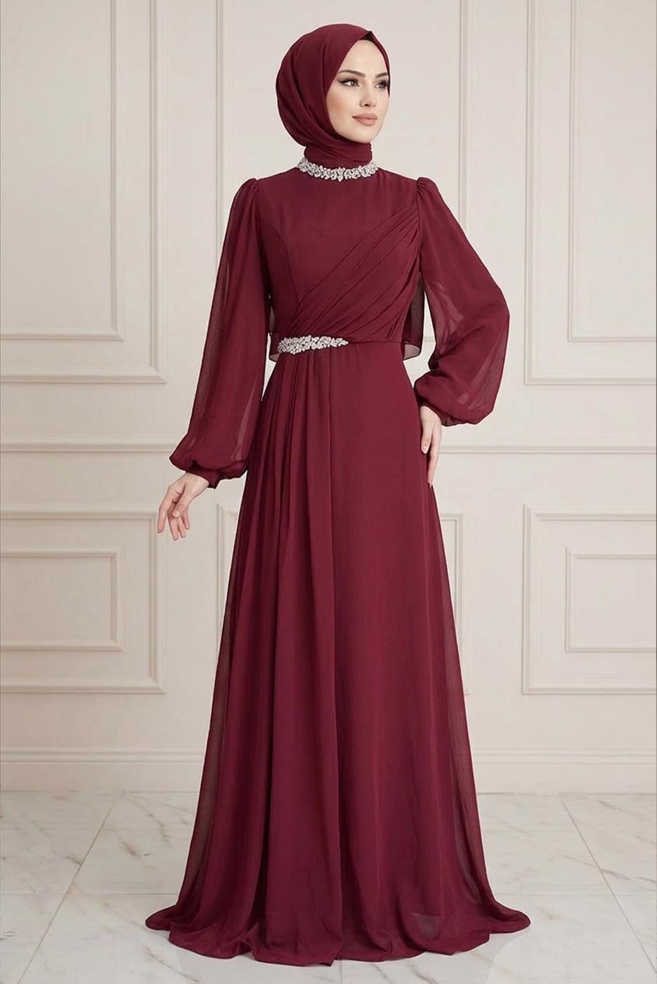 Tesettür giyim BORDO TAŞ DETAYLI ŞİFON ABİYE ELBİSE T 6363