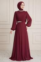 Tesettür giyim BORDO TAŞ DETAYLI ŞİFON ABİYE ELBİSE T 6363