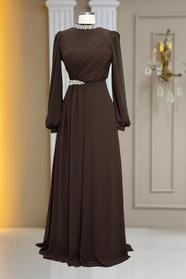 Tesettür giyim  TAŞ DETAYLI ŞİFON ABİYE ELBİSE T 6363