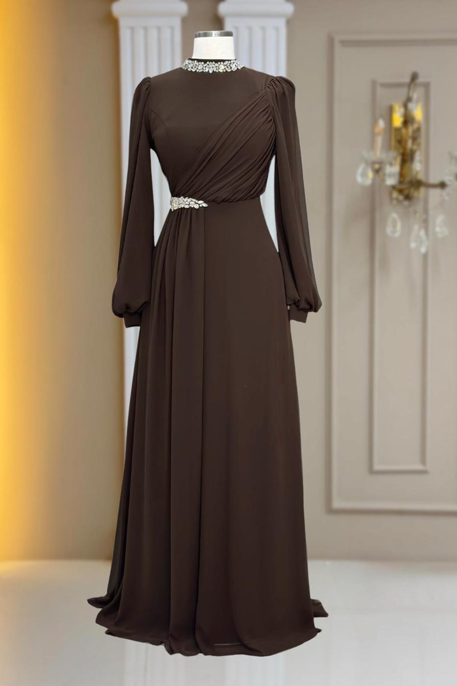 Tesettür giyim KAHVE TAŞ DETAYLI ŞİFON ABİYE ELBİSE T 6363