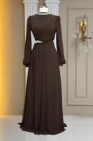 Tesettür giyim KAHVE TAŞ DETAYLI ŞİFON ABİYE ELBİSE T 6363