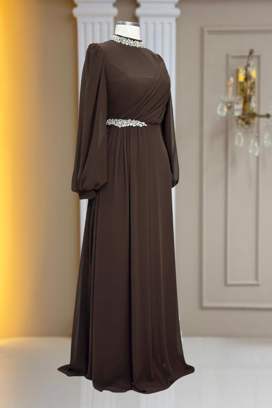 Tesettür giyim KAHVE TAŞ DETAYLI ŞİFON ABİYE ELBİSE T 6363