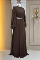 Tesettür giyim KAHVE TAŞ DETAYLI ŞİFON ABİYE ELBİSE T 6363